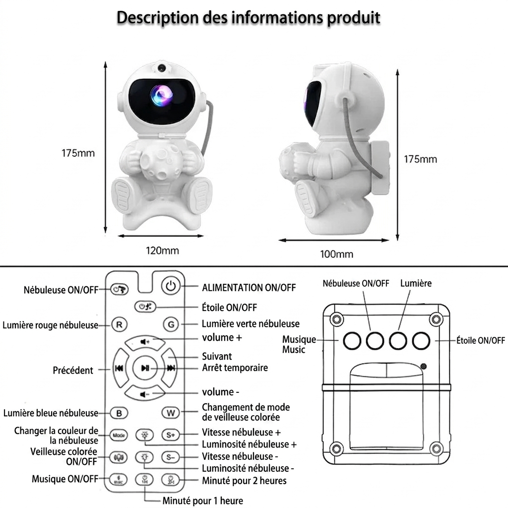 Veilleuse bébé projecteur astronaute Bluetooth avec télécommande, dimensions compactes, lumière étoilée pour chambre d’enfant.