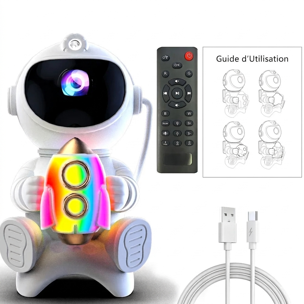 Veilleuse bébé projecteur astronaute Bluetooth avec fusée lumineuse, projection d’étoiles et de galaxies colorées pour créer une atmosphère apaisante et magique dans la chambre de bébé.