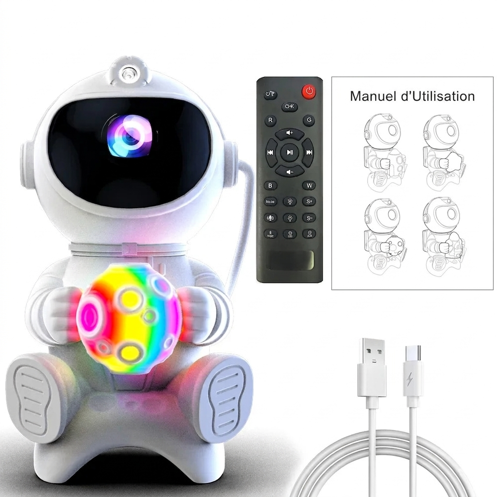 Veilleuse bébé projecteur astronaute Bluetooth projetant des planètes colorées, des étoiles lumineuses et des effets de galaxie pour transformer la chambre de bébé en univers féerique.