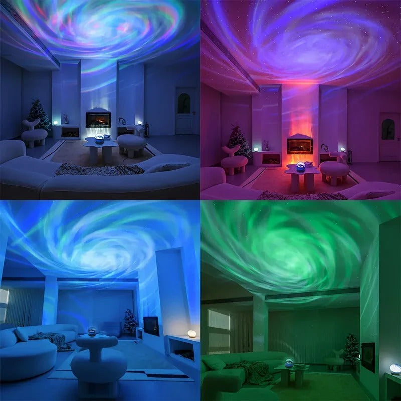 Veilleuse bébé projecteur aurore boréale disponible en plusieurs couleurs pour illuminer le plafond d'une chambre ou d'un salon.