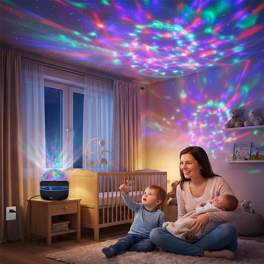 Veilleuse bébé projecteur aurore boréale LED avec projection de ciel étoilé multicolore, idéale pour créer une ambiance apaisante dans la chambre de bébé.
