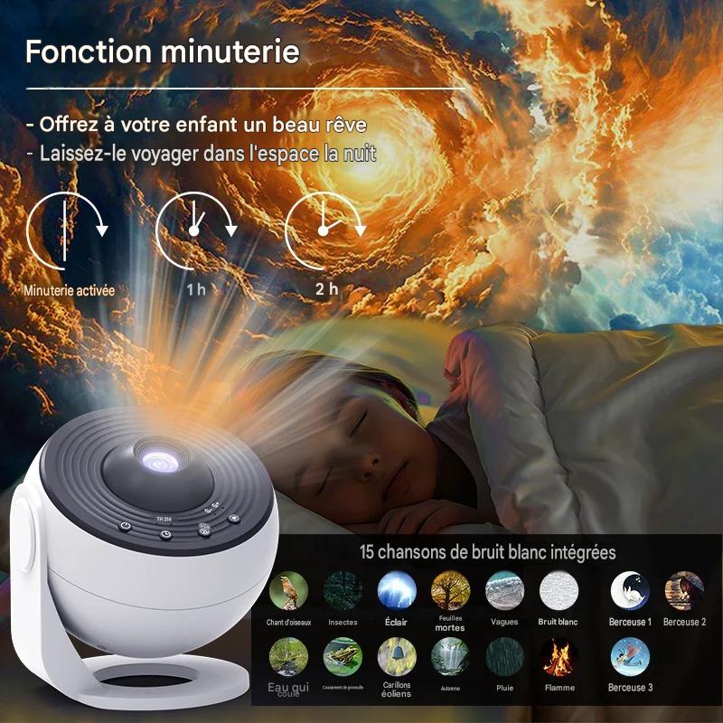 Veilleuse Bébé Projecteur Blanc avec minuterie intégrée, offrant une lumière douce et des projections apaisantes pour faciliter l’endormissement de bébé.