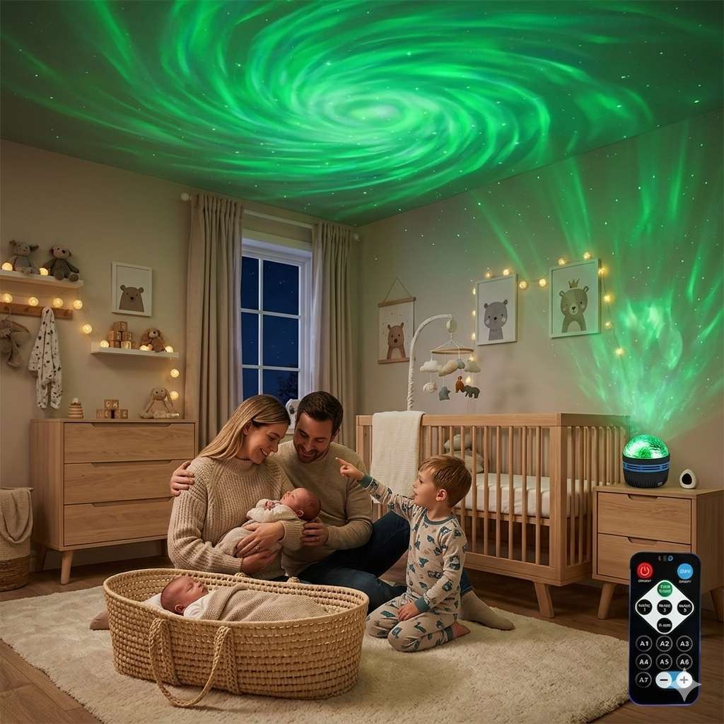 Veilleuse bébé projecteur aurore boréale verte illuminant le plafond d'une chambre d'enfant avec un ciel étoilé apaisant.