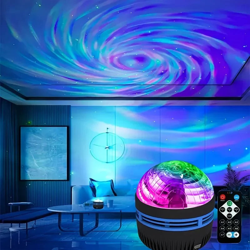 Veilleuse bébé projecteur galaxie multicolore LED diffusant une aurore boréale et un ciel étoilé pour une ambiance immersive.