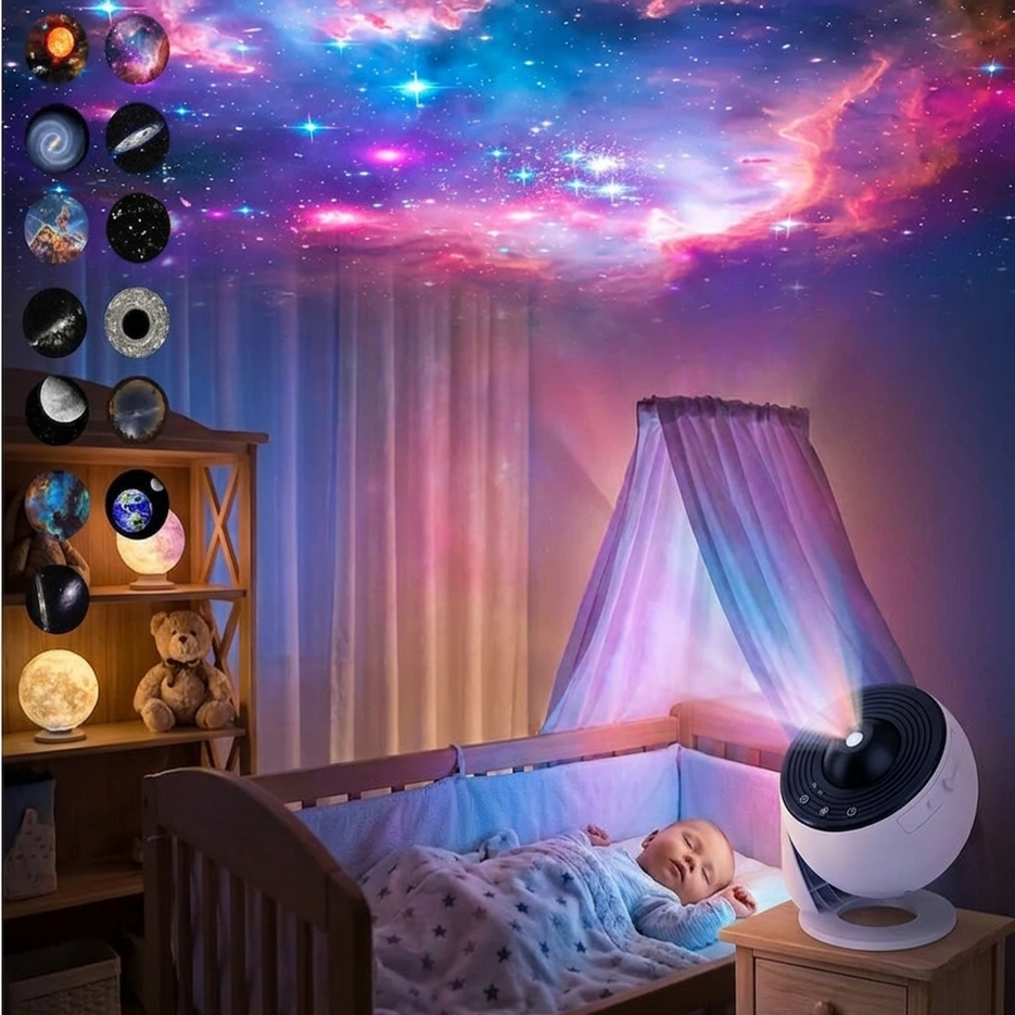 Veilleuse Bébé Projecteur Cosmos Apaisante diffusant une projection étoilée relaxante pour créer une ambiance douce et rassurante dans la chambre de bébé.