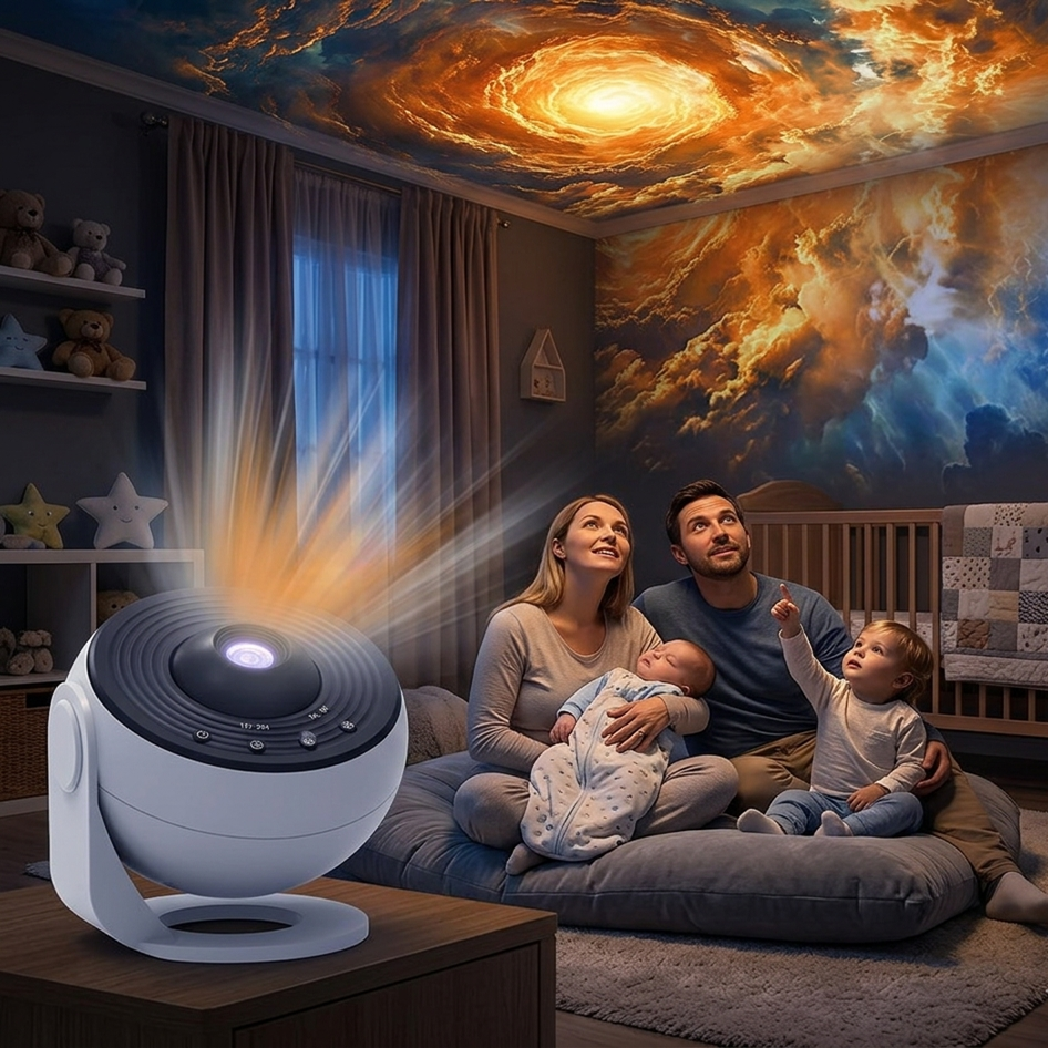 Veilleuse Bébé Projecteur Galaxie Familial avec effets lumineux étoilés créant une atmosphère chaleureuse et apaisante pour les moments de détente en famille.