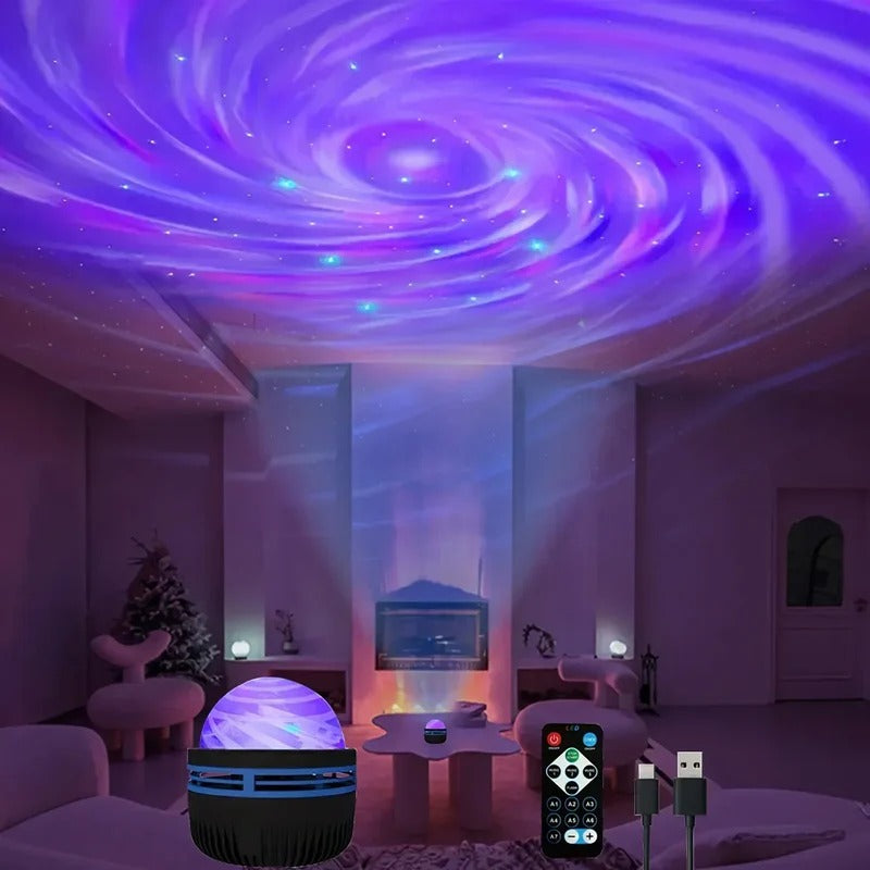 Veilleuse bébé projecteur galaxie violette avec télécommande et câble USB créant un magnifique ciel étoilé dans la pièce.