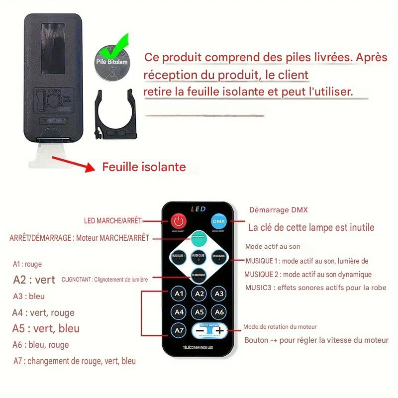 Télécommande de la veilleuse bébé projecteur LED avec réglage des couleurs, des modes d'éclairage et de la vitesse de rotation.