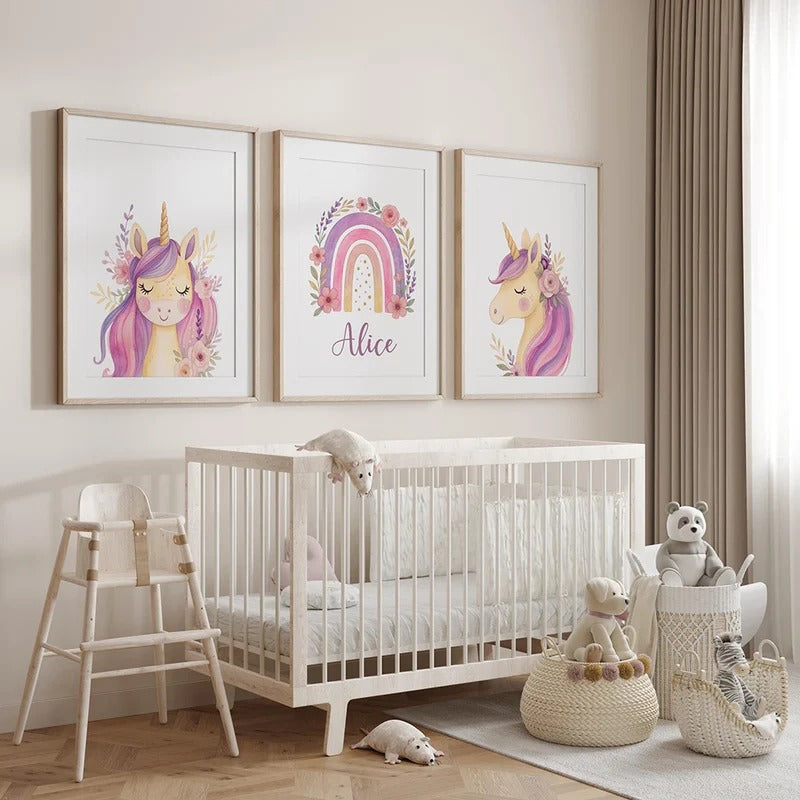 Décoration Murale Chambre Bébé - Univers Licorne avec affiches personnalisées pour fille