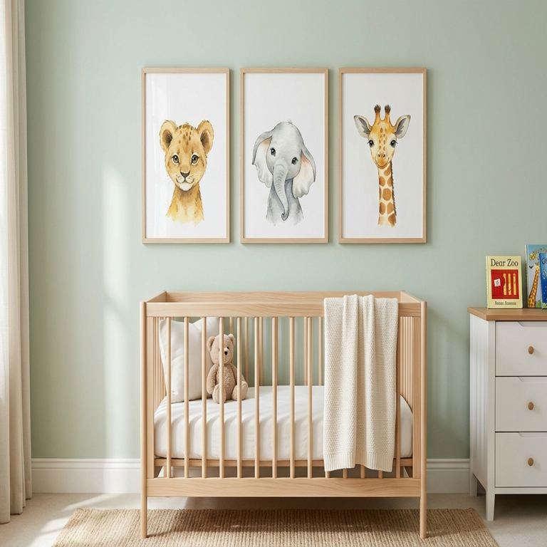 Affiche safari pour chambre bébé avec lion, girafe et éléphant