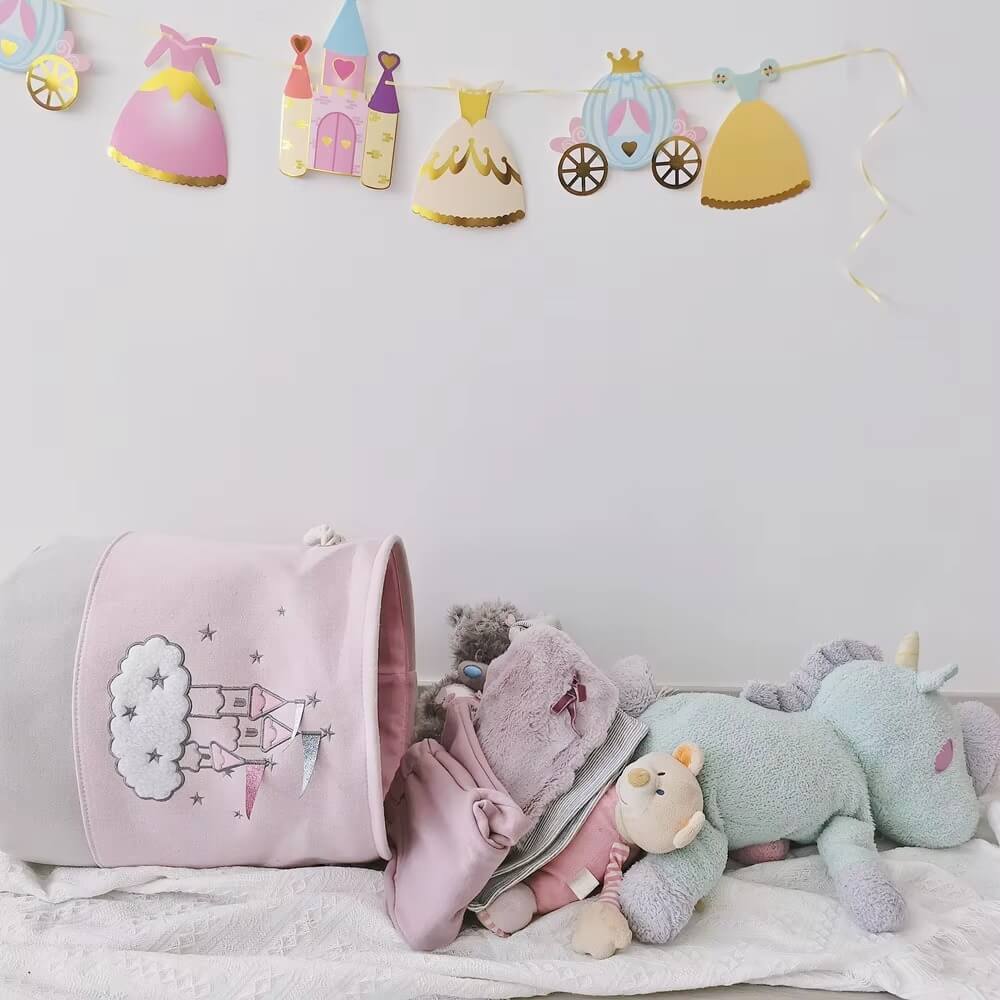 Organisateur enfant design nuage - Boîte pliable rose à poignées en coton pour chambre, salle de jeu ou garderie