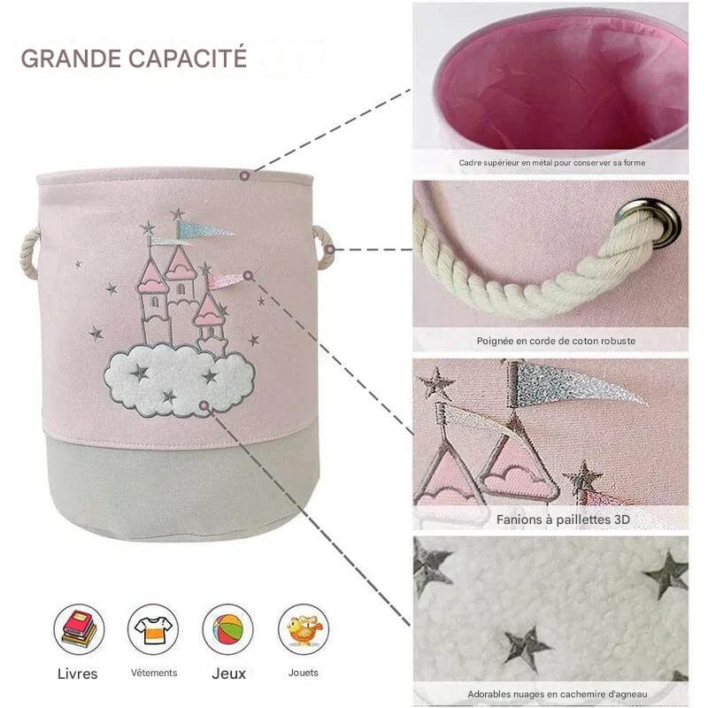 Boîte de rangement rose design grande capacité avec cadre métal rigide, poignée en corde de coton résistante et motifs nuages doux - Parfaite pour organiser jouets, vêtements d'enfants ou livres dans une chambre"