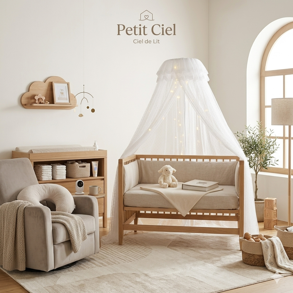 Chambre bébé décorée avec ciel de lit baldaquin blanc pour une ambiance