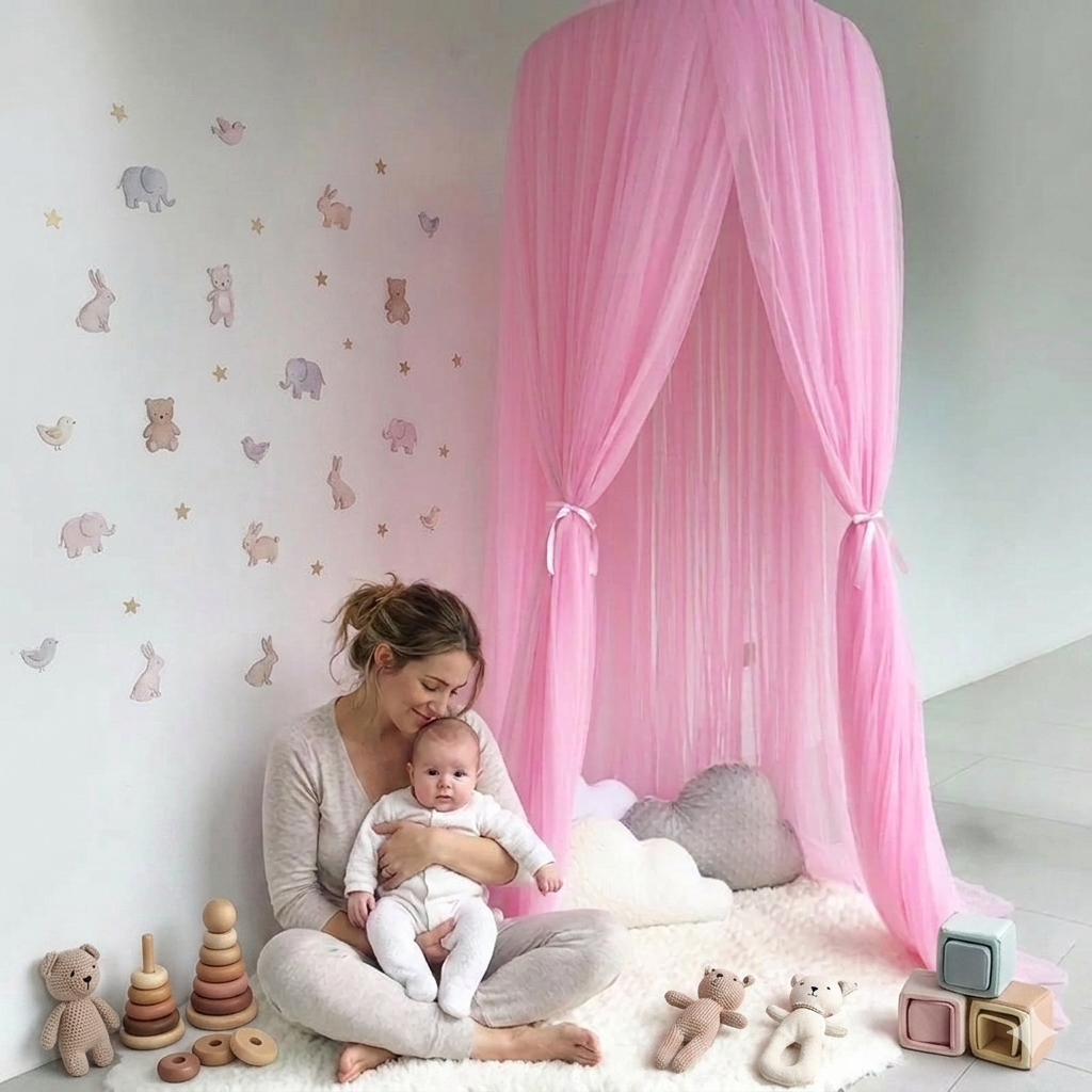 Ciel de lit bébé rose avec moustiquaire respirante anti-moustiques