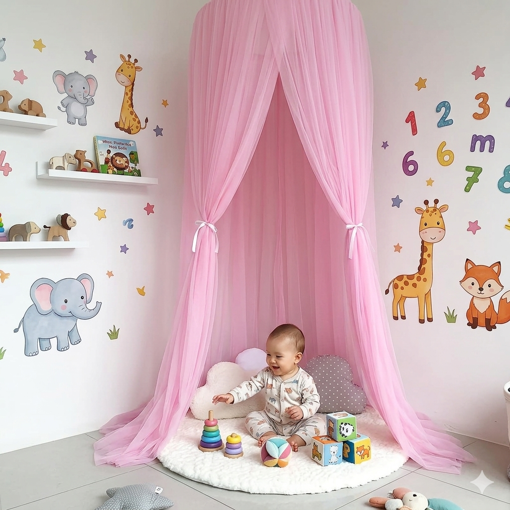Décoration de chambre bébé avec ciel de lit rose suspendu Baby Rose Sky