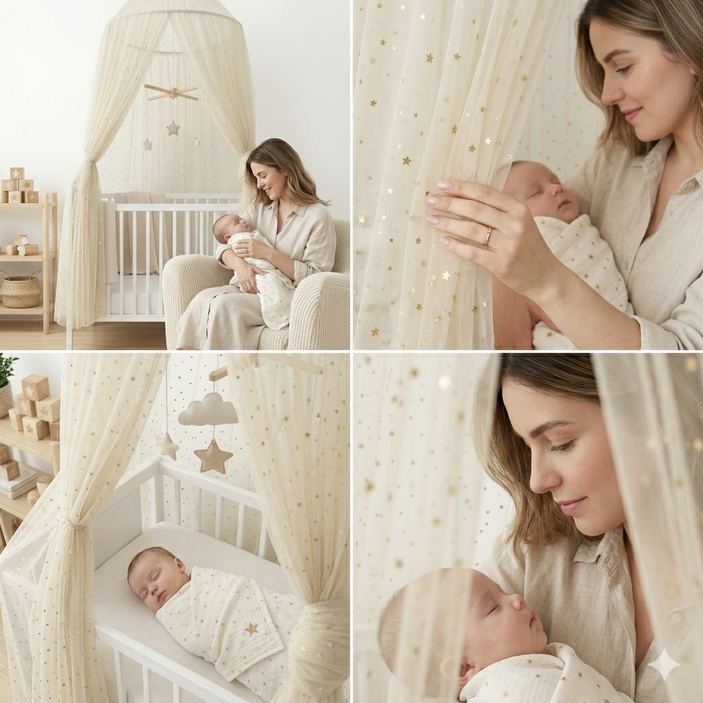 🛏️ Ciel de lit bébé Champagne Star™ créant un cocon doux et rassurant pour le sommeil de bébé