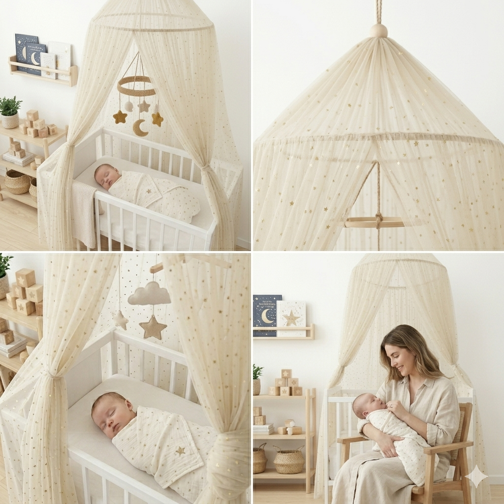 ✨ Ciel de lit bébé Champagne Star™ couleur champagne pour une chambre élégante et apaisante