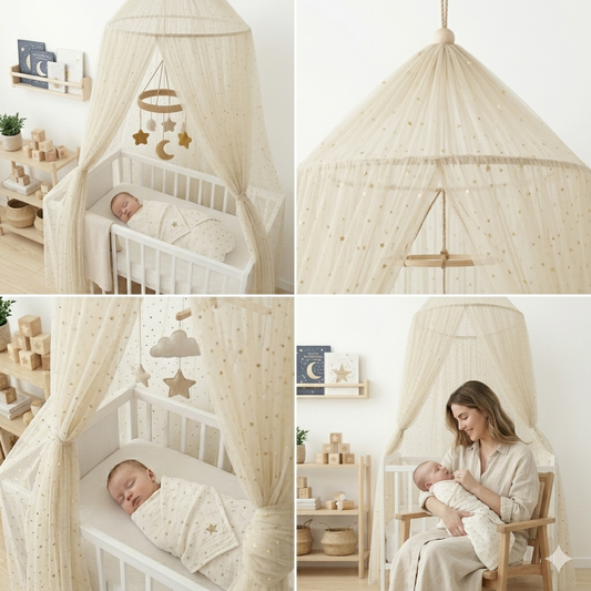 ✨ Ciel de lit bébé Champagne Star™ couleur champagne pour une chambre élégante et apaisante