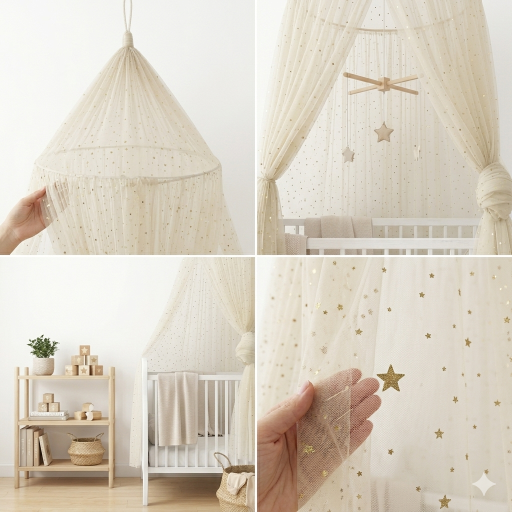 🦟 Ciel de lit bébé Champagne Star™ avec moustiquaire de protection contre les insectes