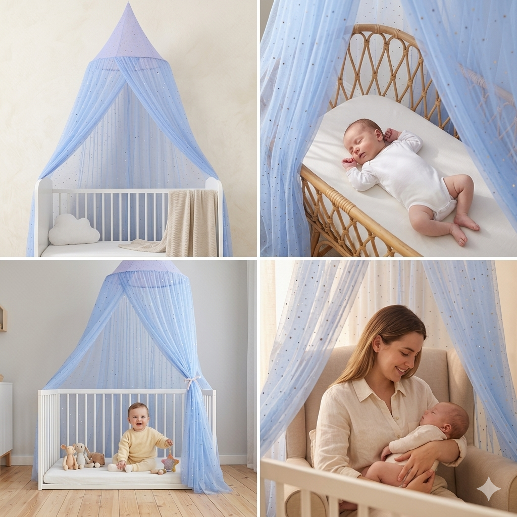 Ciel de lit bébé avec étoiles décoratives bleu ciel créant un cocon confortable