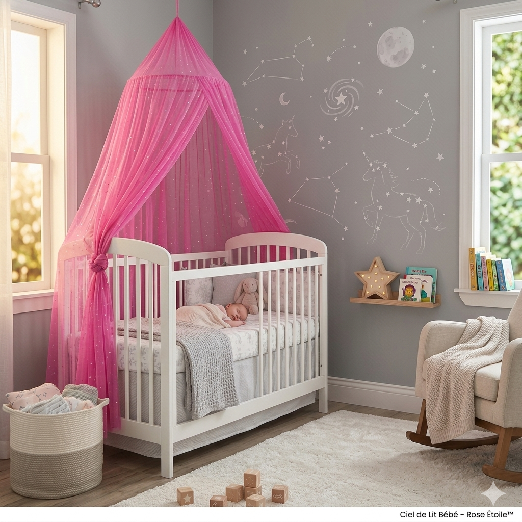 Ciel de lit bébé suspendu avec étoiles décoratives créant un cocon confortable pour bébé