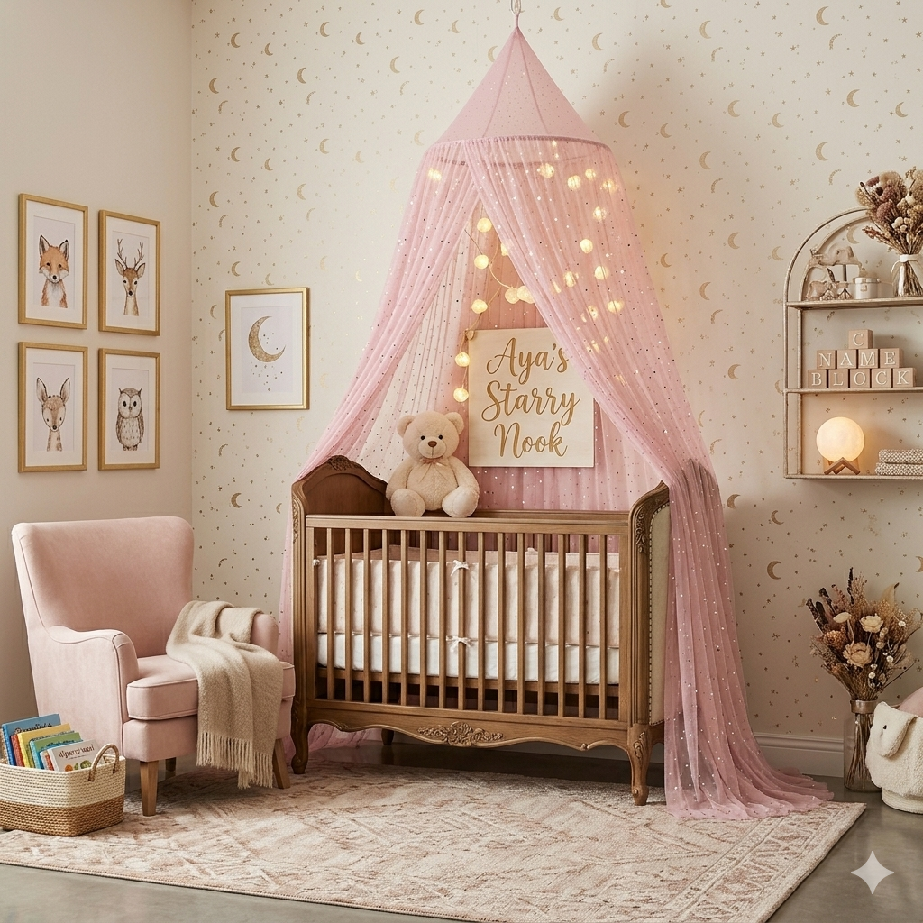 Ciel de lit bébé Peach Star™ style princesse pour une chambre douce et élégante