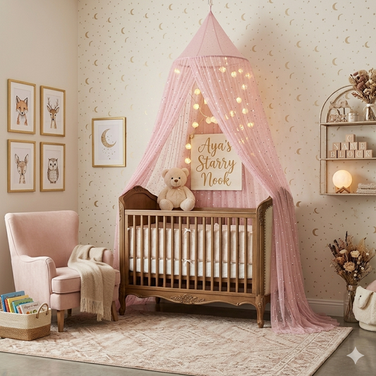 Ciel de lit bébé Peach Star™ style princesse pour une chambre douce et élégante
