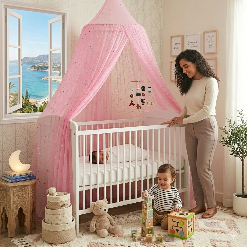 🦟 Ciel de lit bébé Peach Star™ avec moustiquaire de protection contre les insectes
