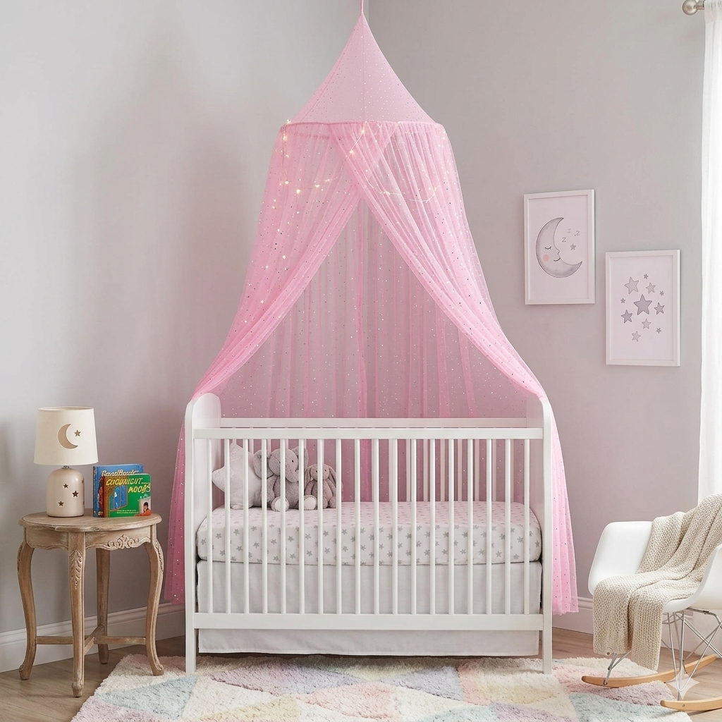 🌙 Ciel de lit bébé Peach Star™ en dôme suspendu créant un espace apaisant