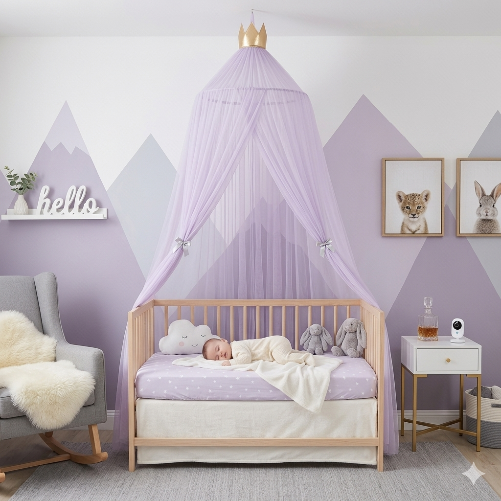 Ciel de lit bébé violet installé dans une chambre d’enfant cosy et moderne