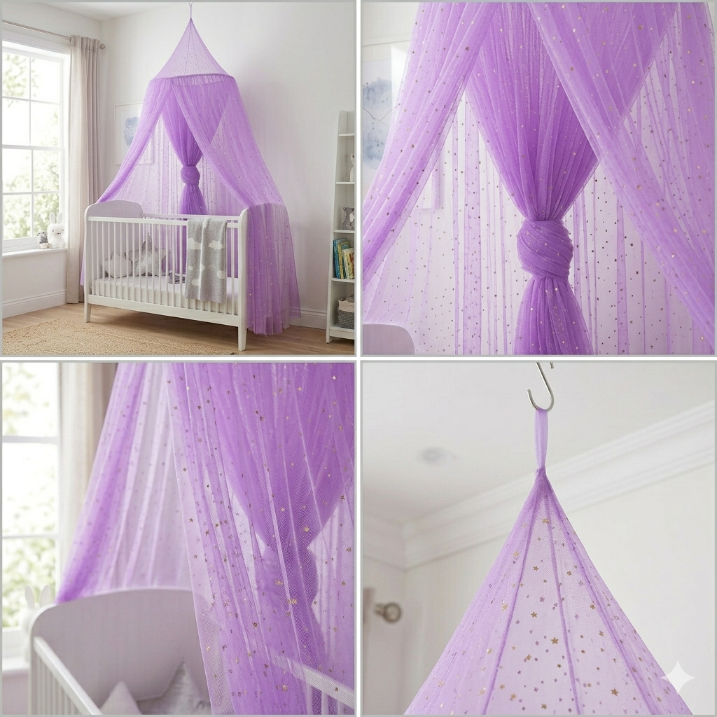 🛏️ Ciel de lit bébé Purple Star™ créant un cocon confortable et rassurant pour bébé