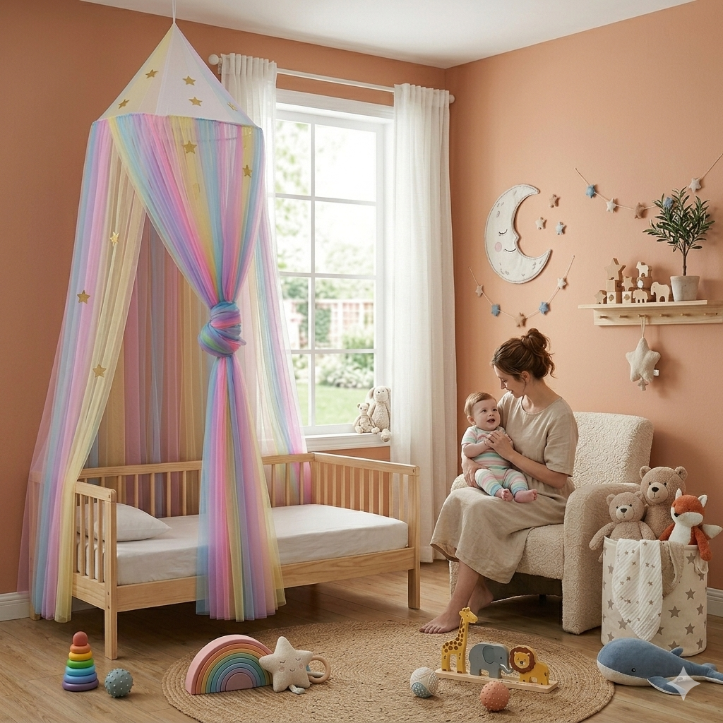Ciel de Lit Bébé Rainbow Star canopy suspendu pour un sommeil paisible et protégé