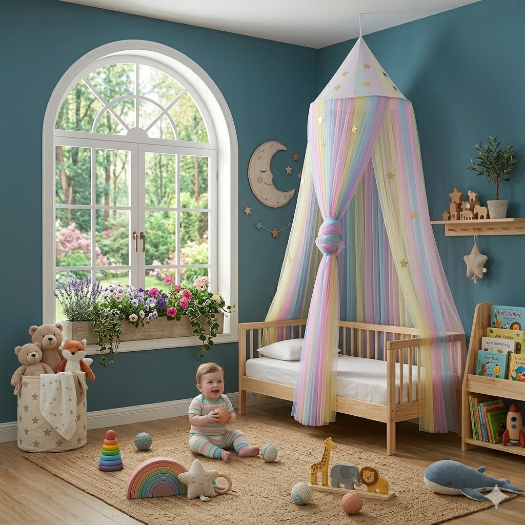 Ciel de Lit Bébé Rainbow Star avec moustiquaire respirante pour lit bébé