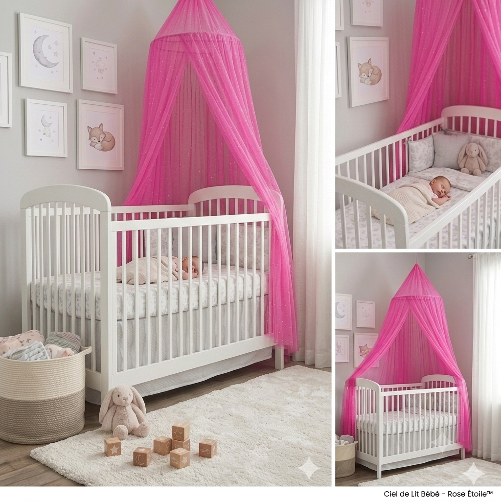 Ciel de lit bébé rose décoratif pour chambre de bébé fille au style doux et féerique