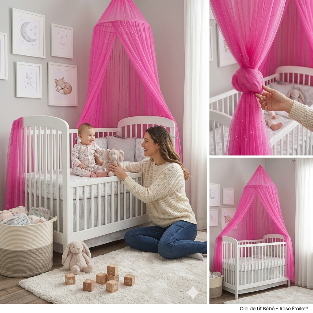🦟 Ciel de lit bébé Rose Étoile™ avec moustiquaire de protection contre les moustiques et insectes
