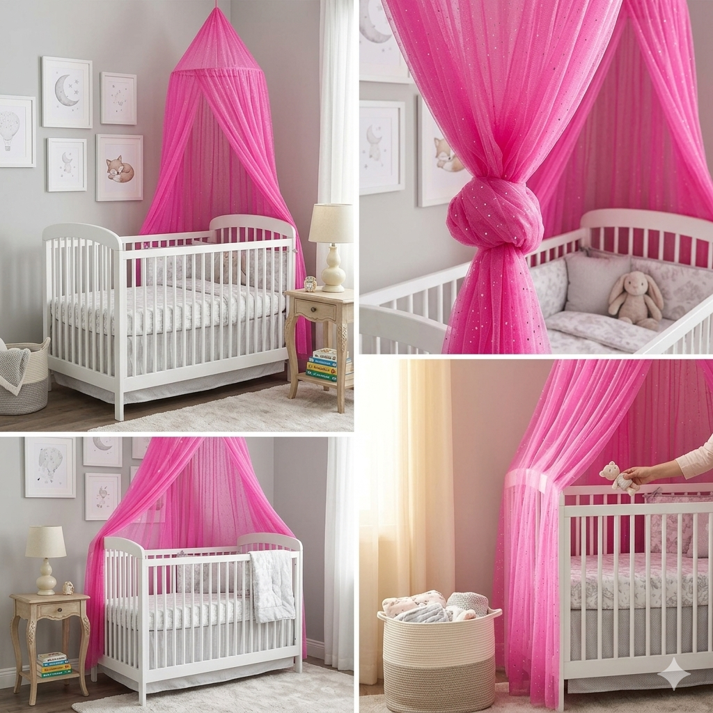 Ciel de lit bébé Rose Étoile™ style princesse pour une chambre de bébé élégante et apaisante