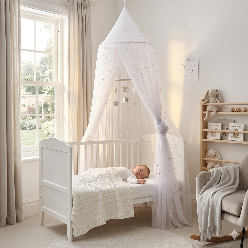 ✨ Ciel de lit bébé White Star™ blanc pur pour une chambre lumineuse et apaisante