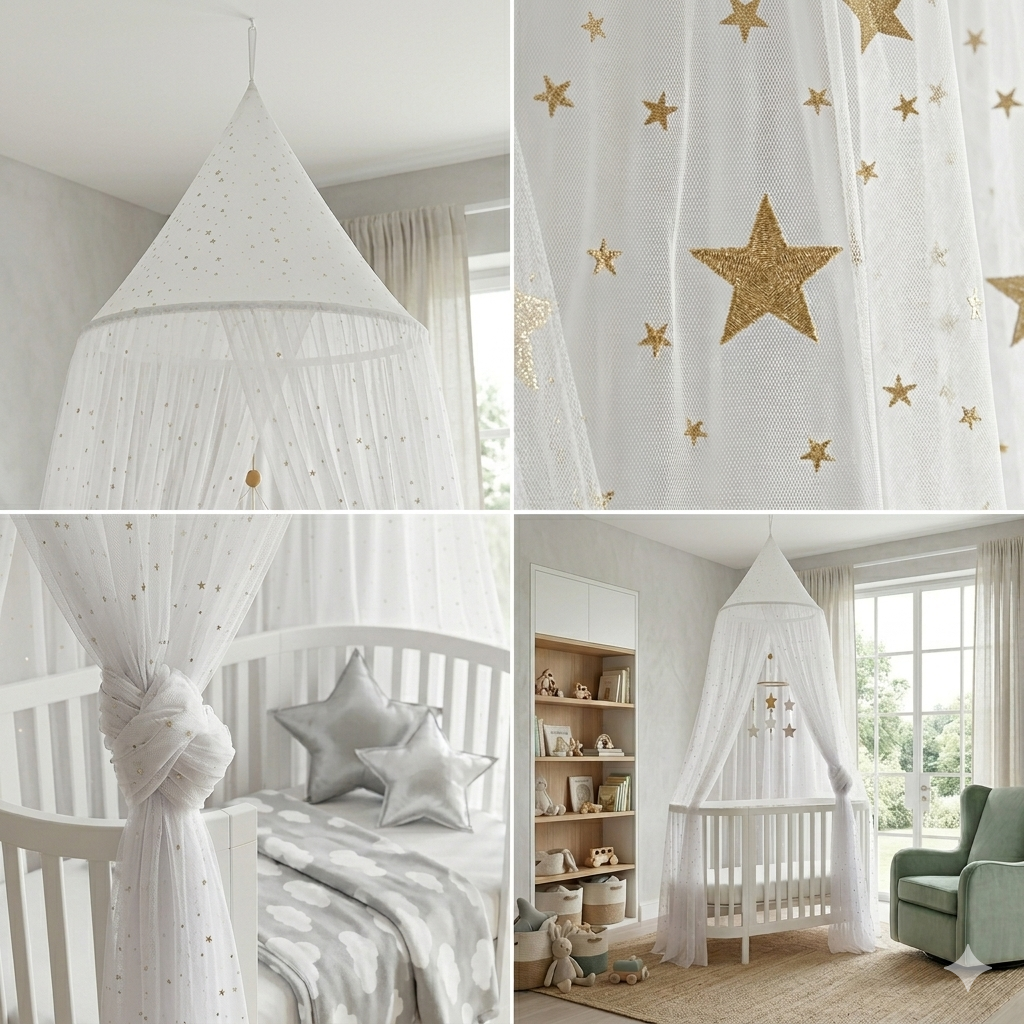 🦟 Ciel de lit bébé White Star™ avec moustiquaire de protection contre les insectes
