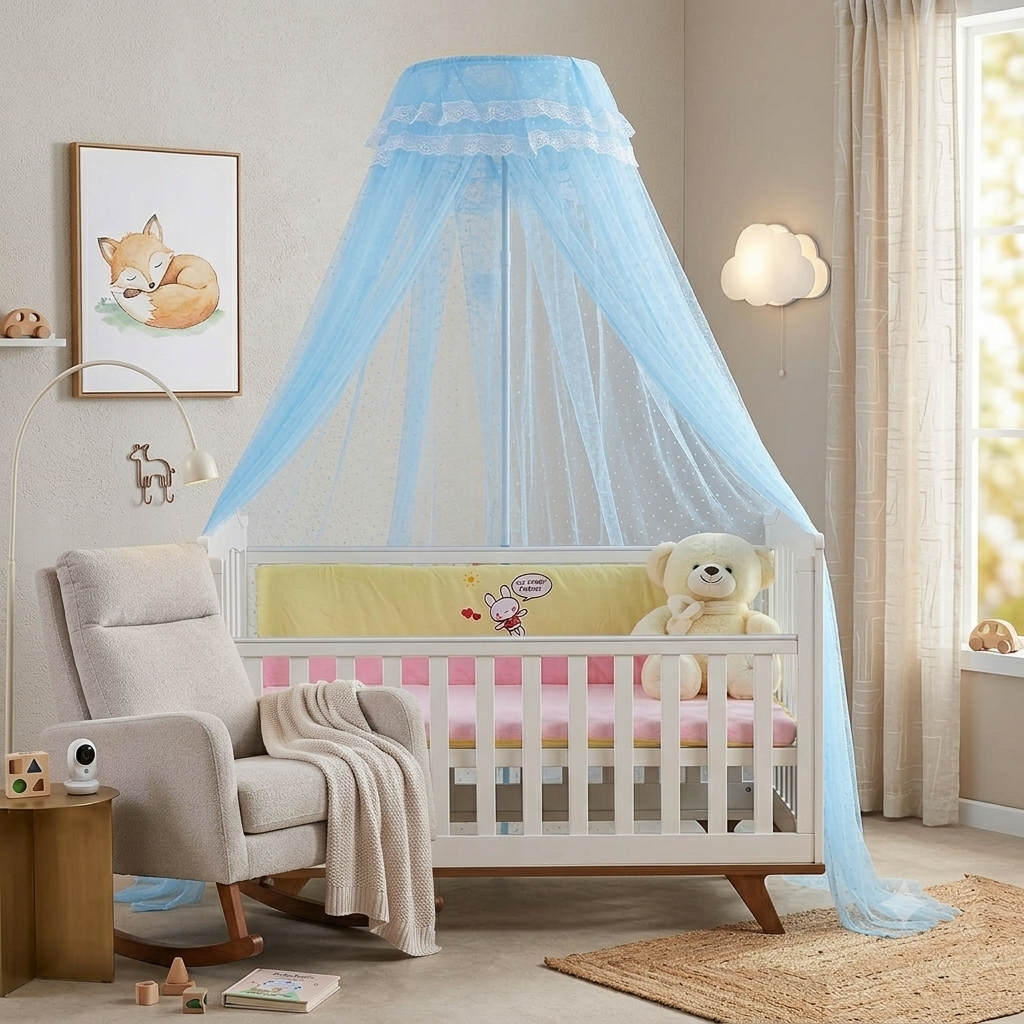 Ciel de lit bleu pour décoration élégante de chambre bébé