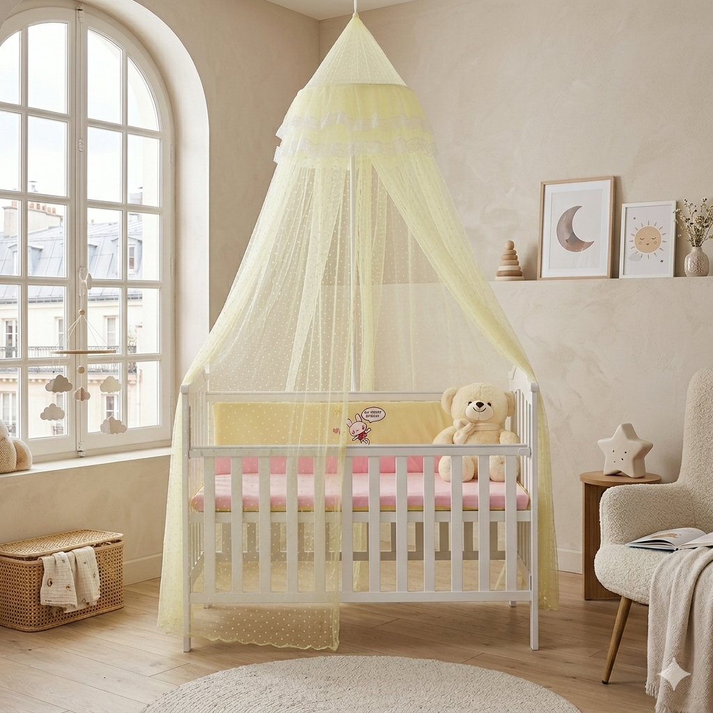 Ciel de lit bébé moustiquaire jaune pour chambre de bébé
