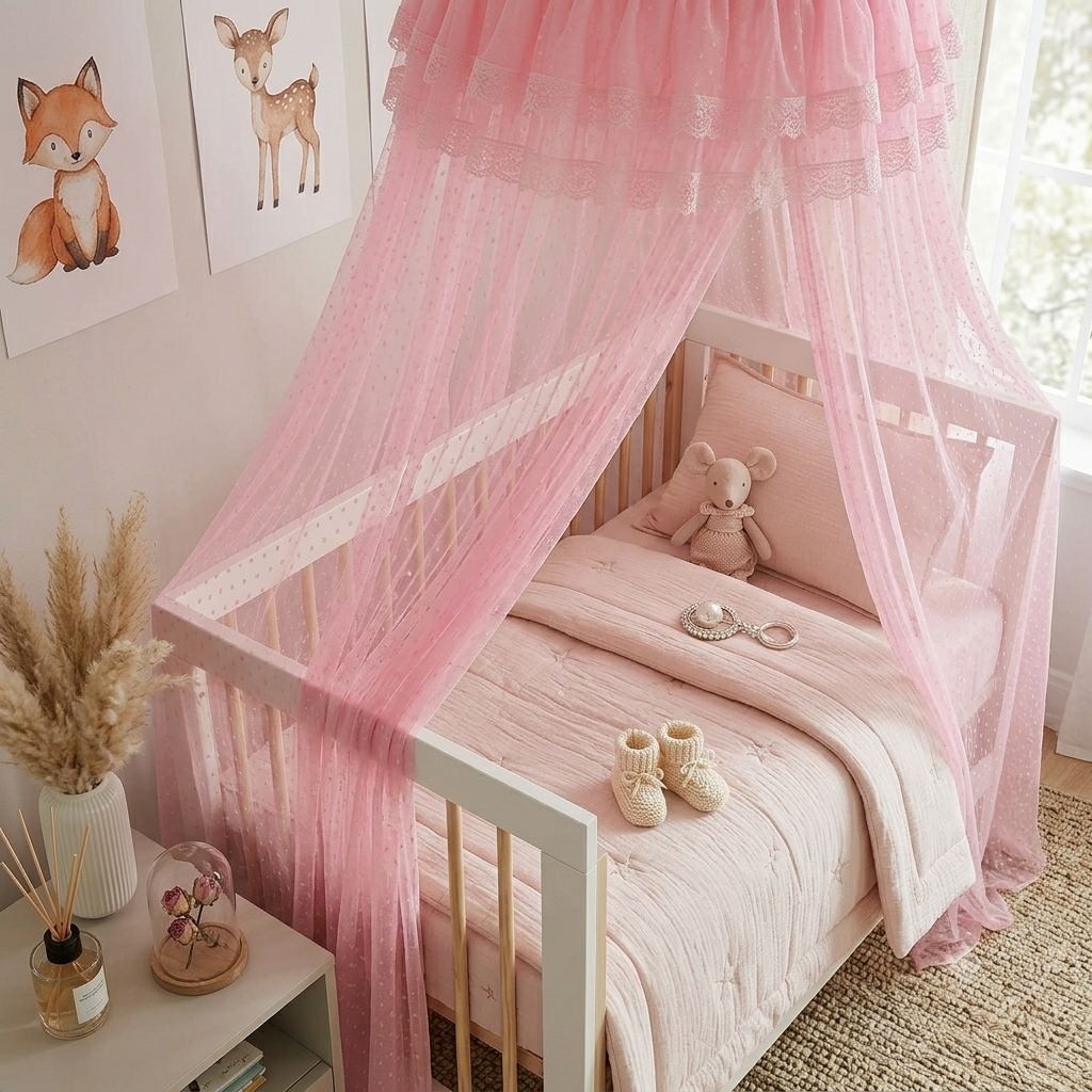 Ciel de lit rose créant un cocon protecteur pour bébé