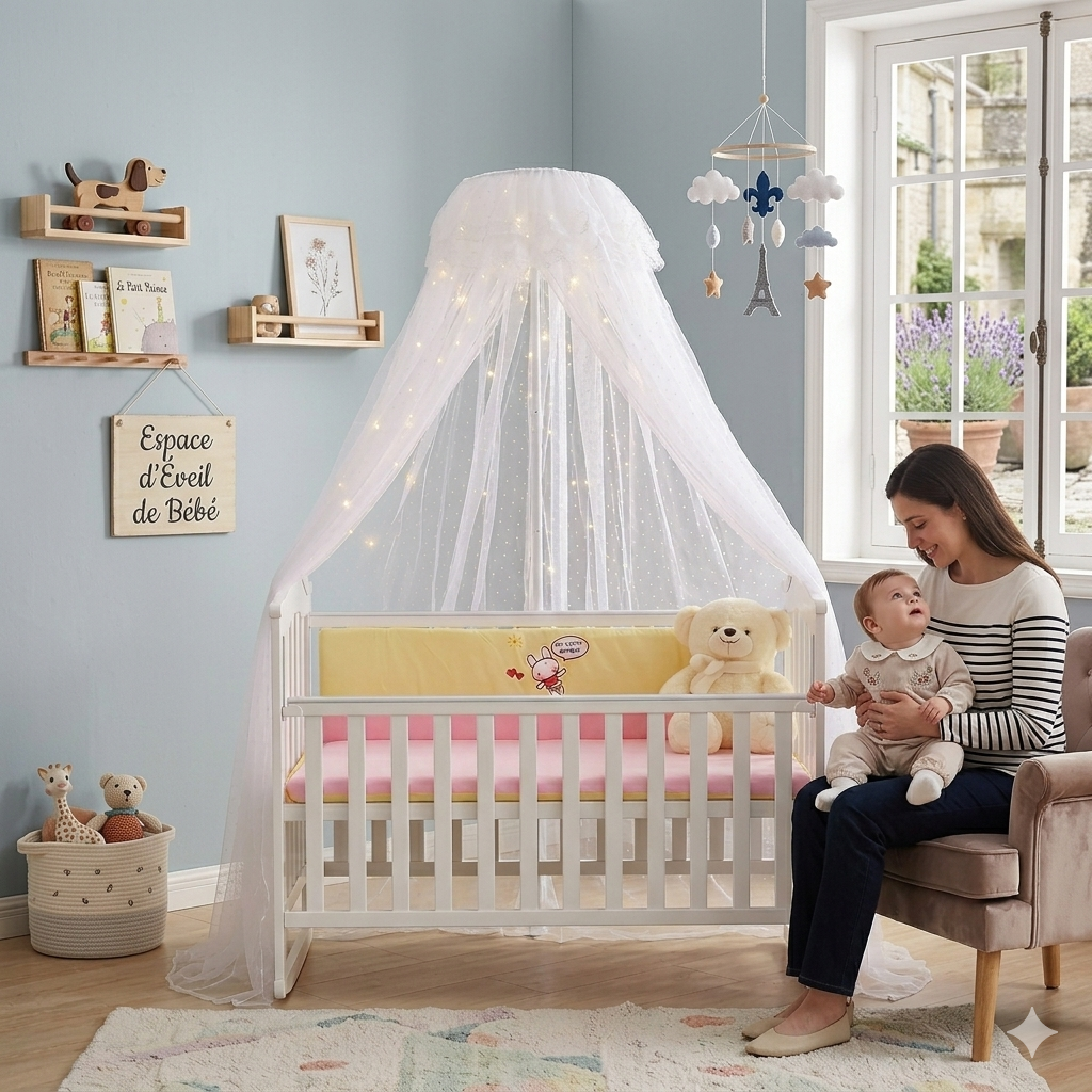 Ciel de lit bébé baldaquin blanc installé dans une chambre douce et élégante