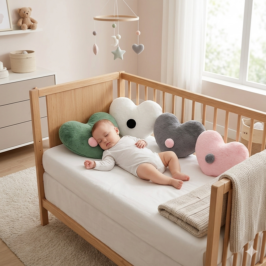 Lit de bébé décoré avec des coussins en forme de cœur aux tons pastel (vert, blanc, gris, rose) de la collection Royaume de Bébé