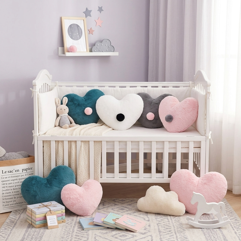 Coussin décoratif pour chambre d'enfant, forme cœur vert avec pompon rose, par Royaume de Bébé