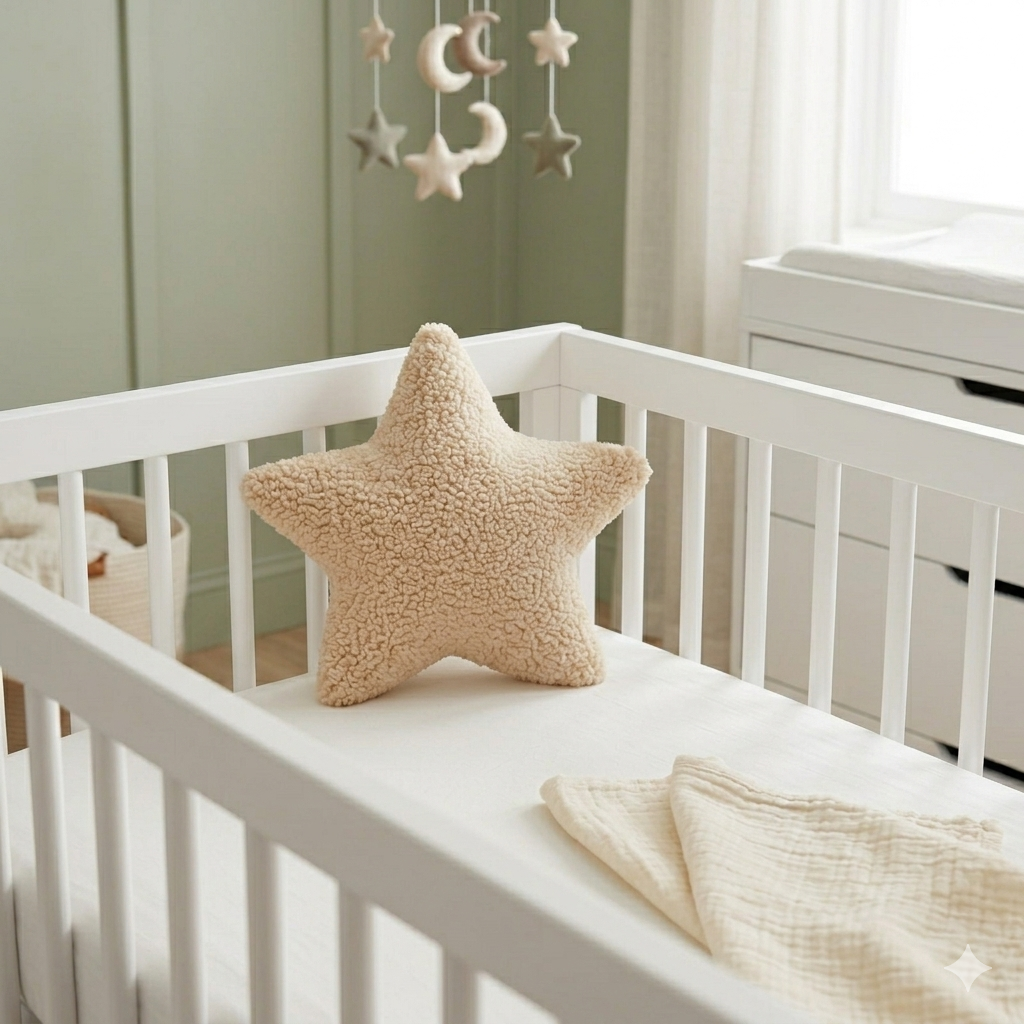 Coussin décoratif bébé étoile beige pour chambre bébé sur le thème de l’univers céleste