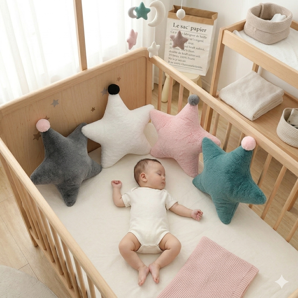 Coussin étoile moelleux pour lit bébé créant une ambiance chaleureuse et apaisante