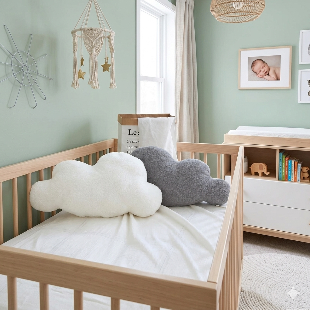 Coussin déco nuage blanc et gris en peluche ultra douce pour chambre bébé.
