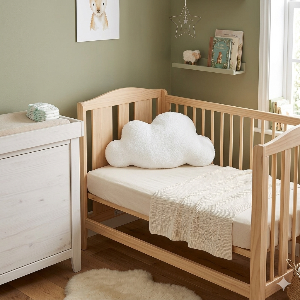 Coussin nuage style minimaliste en peluche ultra douce pour chambre bébé.