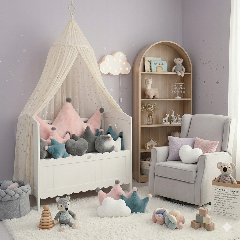 coussin pour lit bébé dans une chambre bébé ambiance calme et confortable