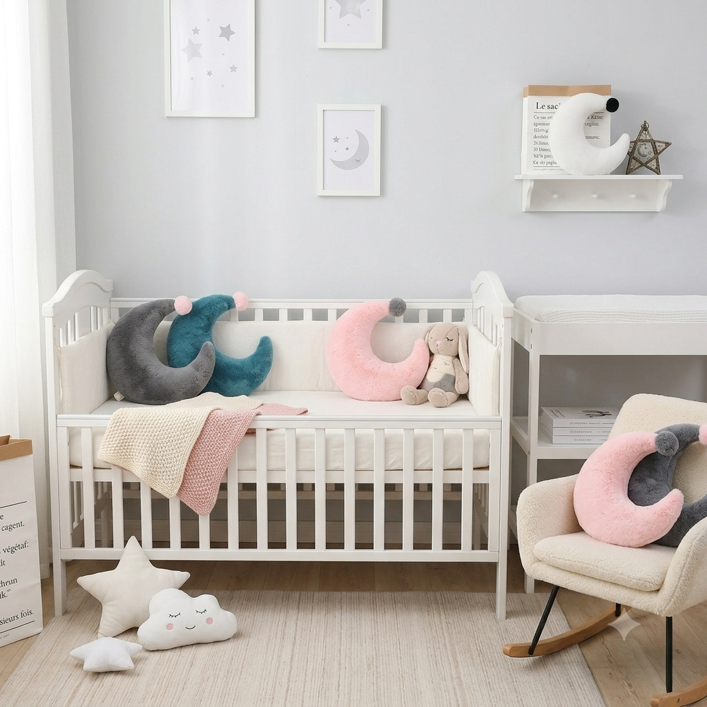 Coussin pour lit bébé – Lune Confort, coussin décoratif doux en forme de lune pour chambre bébé, confortable et élégant